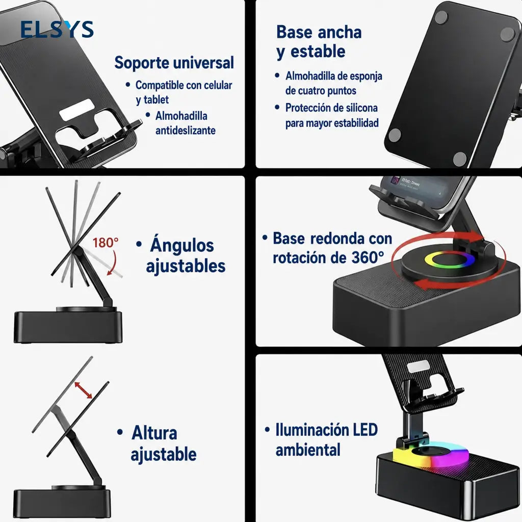 Bocina Bluetooth portátil con base plegable, carga de emergencia y soporte 360° para ver series, escuchar música y hacer videollamadas
