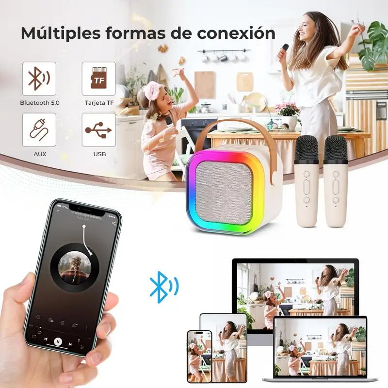 Mini Máquina de Karaoke con 2 Micrófonos Inalámbricos, Bocina Bluetooth con Luz LED Nocturna, Sistema de Karaoke Portátil para Fiestas