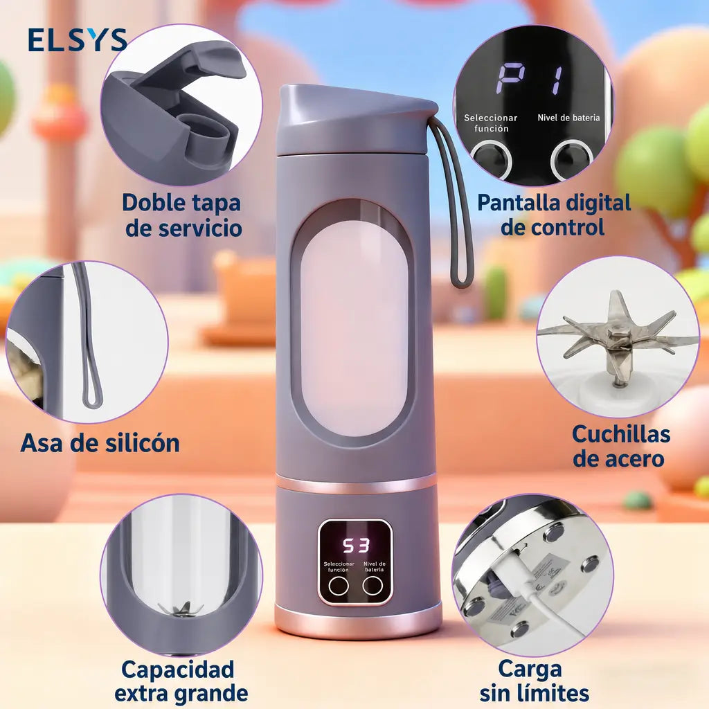 Licuadora portátil recargable USB con pantalla digital y diseño antifugas para smoothies, jugos y papillas en viajes y gimnasio