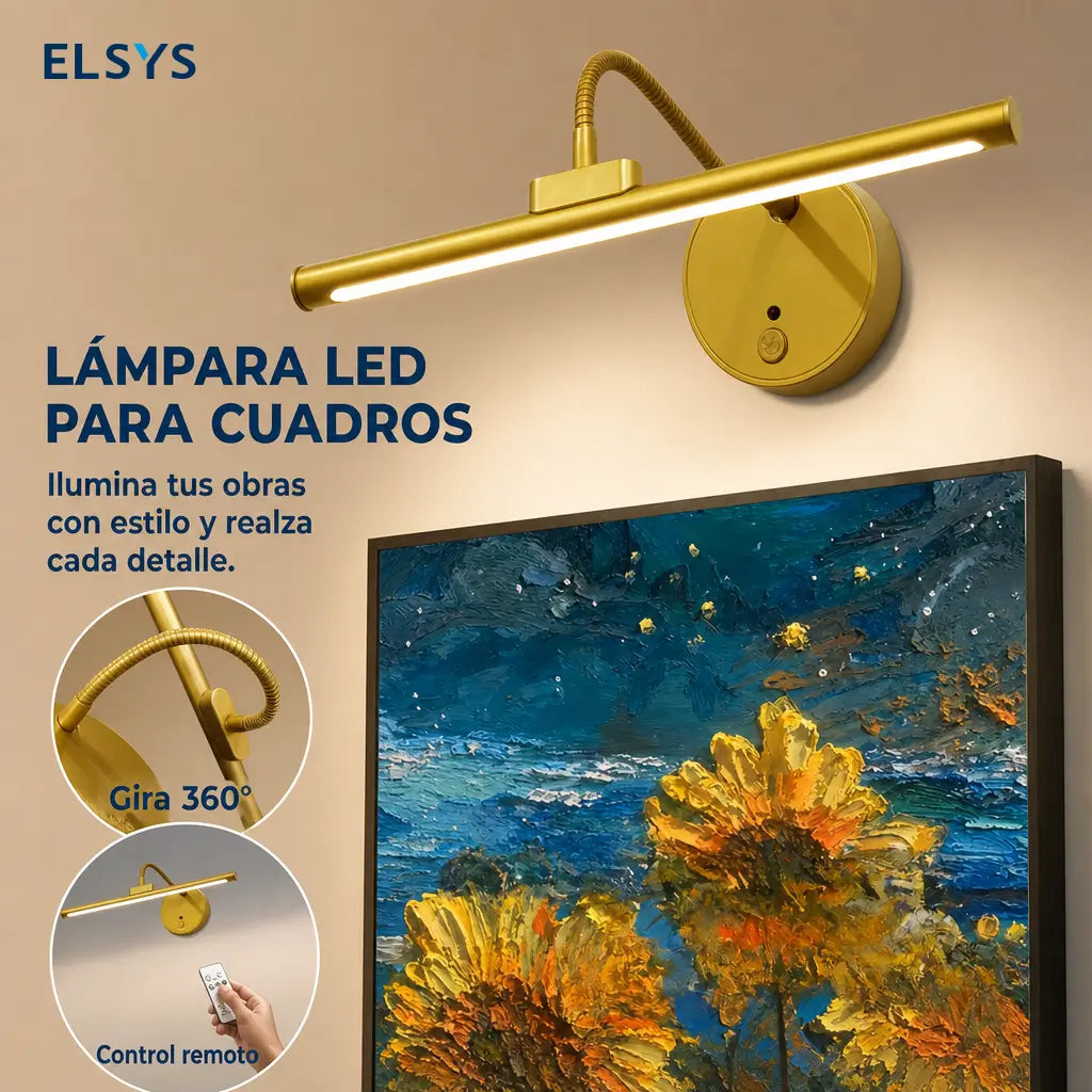 Lámpara de pared recargable USB para cuadros con control remoto, luz ajustable y rotación 360° para arte y decoración interior