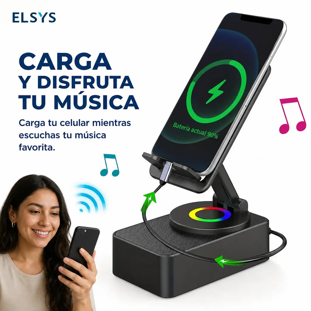 Bocina Bluetooth portátil con base plegable, carga de emergencia y soporte 360° para ver series, escuchar música y hacer videollamadas