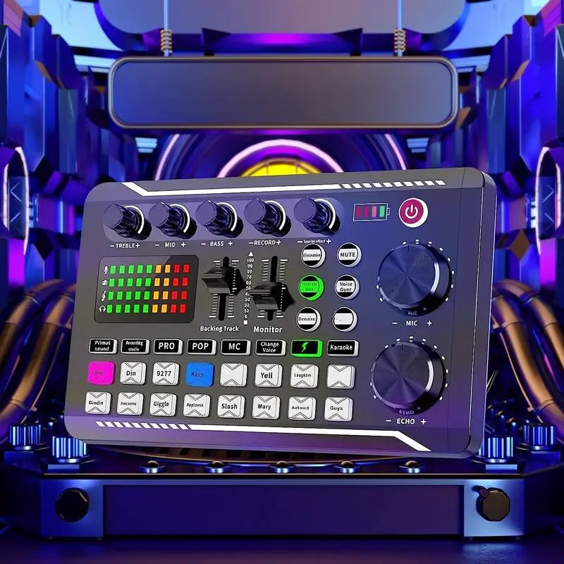 Mezcladora de Audio Tarjeta de Sonido en Vivo F998, Interfaz de Audio para Podcast con Efectos DJ, Cambiador de Voz con Efectos de Sonido para Karaoke, Streaming y Grabación, Kit de Tarjeta de Sonido Digital Portátil para PC Gamer