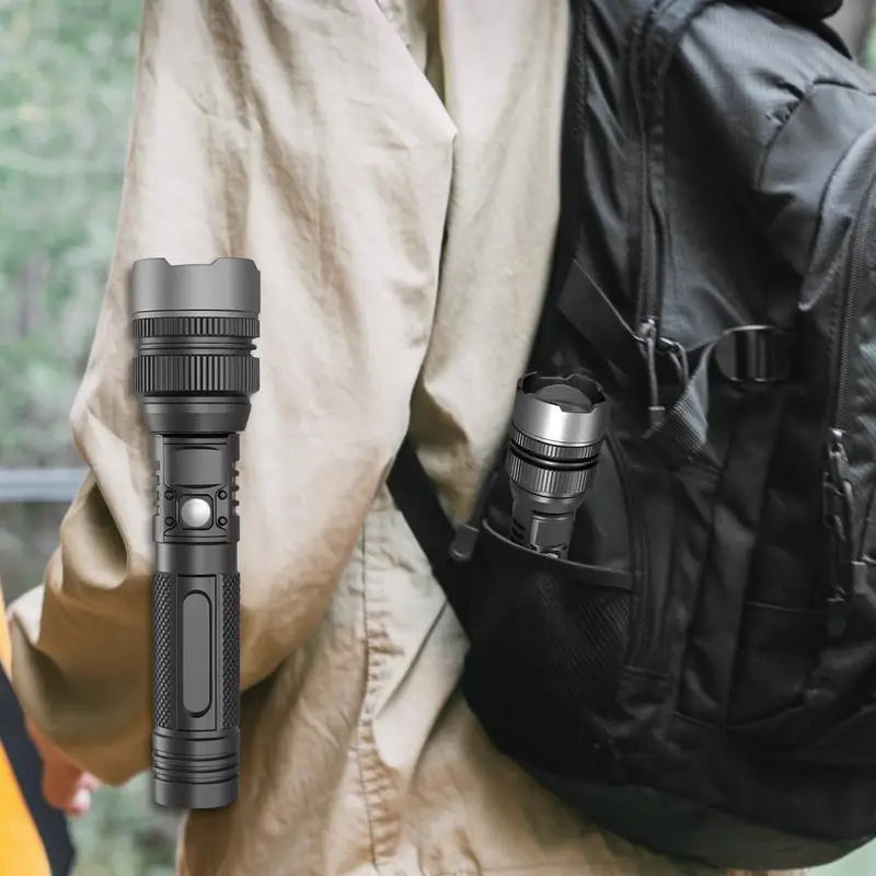 Linterna de Bolsillo Recargable 1200 Lúmenes con Zoom Ajustable 2 Tamaños Compacta para Camping y Emergencias