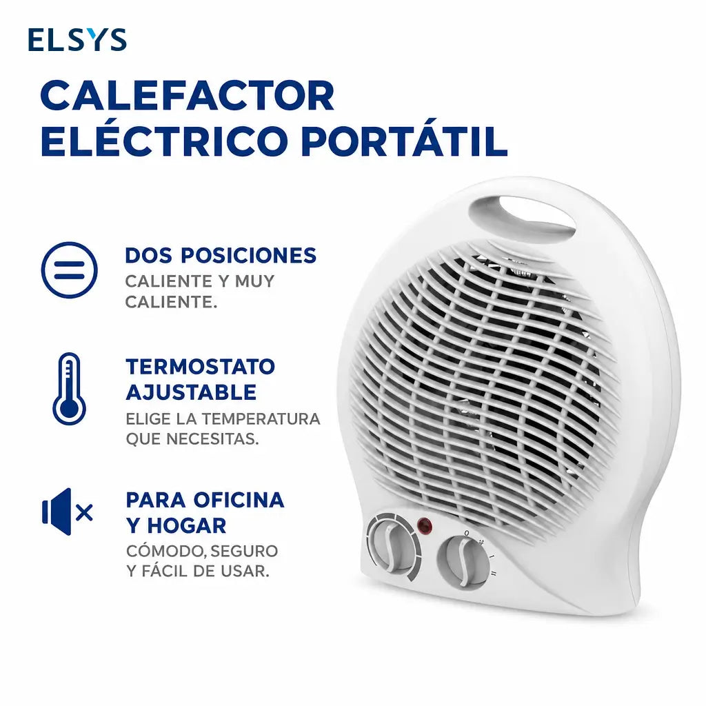 Calefactor eléctrico portátil con termostato ajustable, 2 niveles de calor, modo ventilador, diseño compacto y asa para casa u oficina