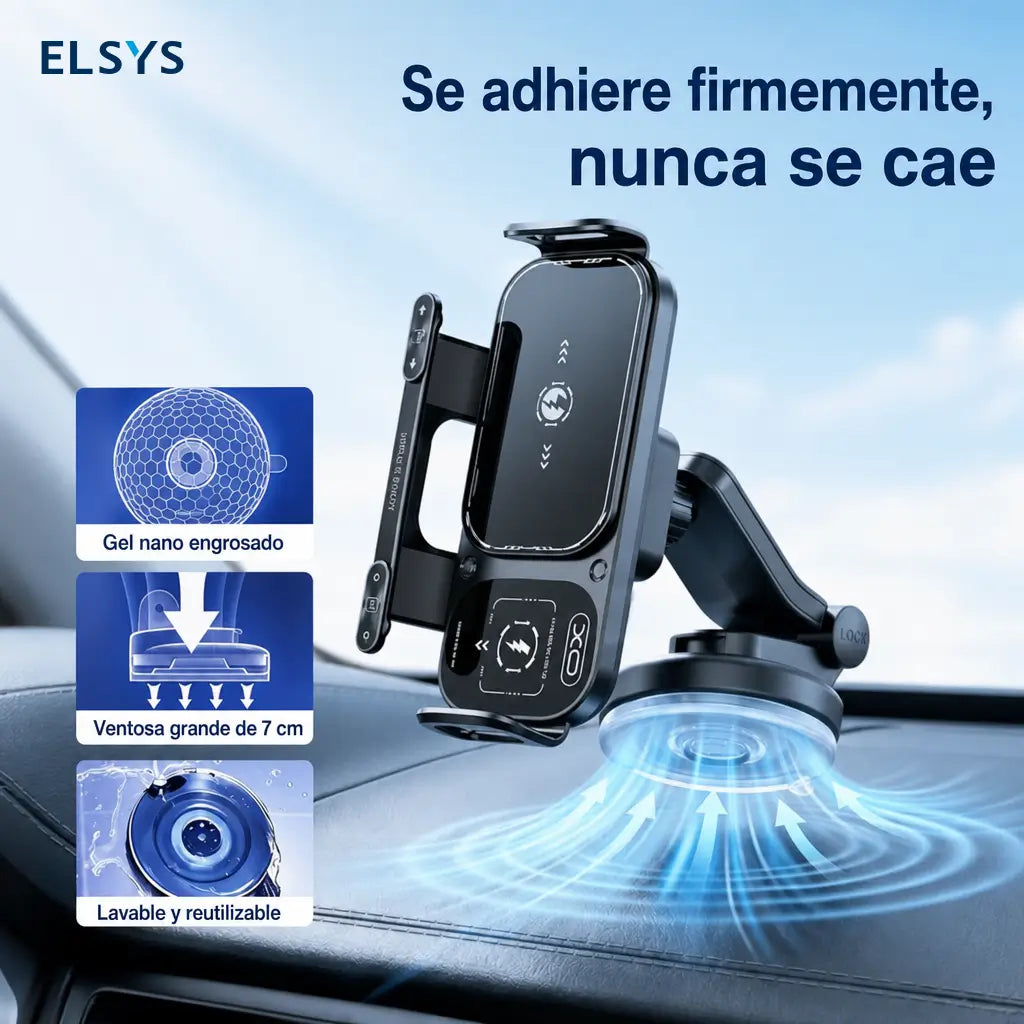 Soporte cargador inalámbrico 15W para auto con sujeción automática y rotación 90°, ideal para celulares plegables y grandes