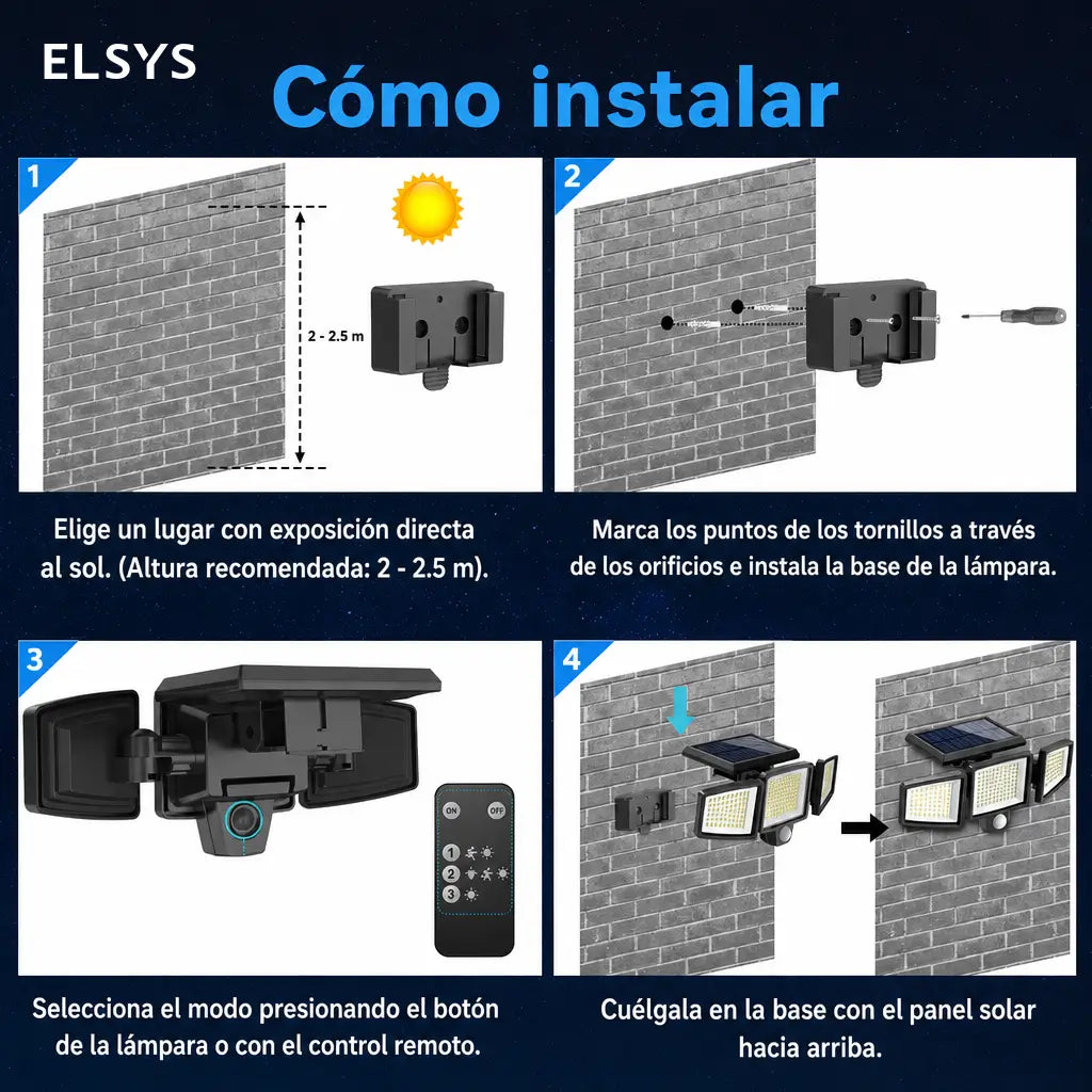 Lámpara solar exterior de seguridad 2500 lm con 3 cabezales ajustables, sensor PIR y control remoto para patios y cocheras