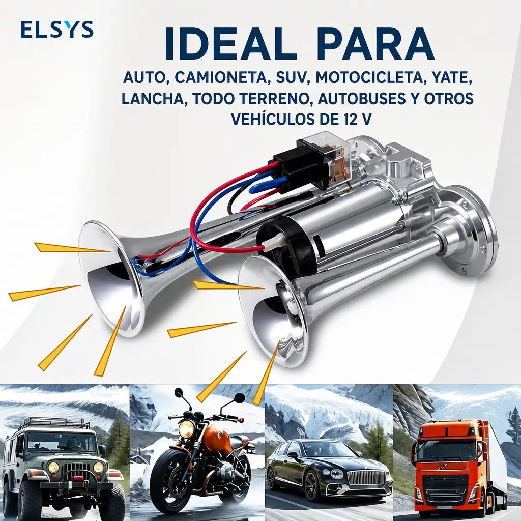 Claxon de aire doble 12V de 130 dB con compresor para autos, camionetas, camiones, motos y embarcaciones, alerta potente en carretera