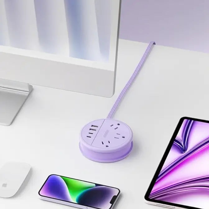 Multicontacto de Viaje Redondo con 3 Salidas de CA y 4 Puertos USB (2 USB-C) – Cable de Extensión Enrollable de 1.2 m, Apto para Cruceros, Esencial para Hotel, Dormitorio y Oficina
