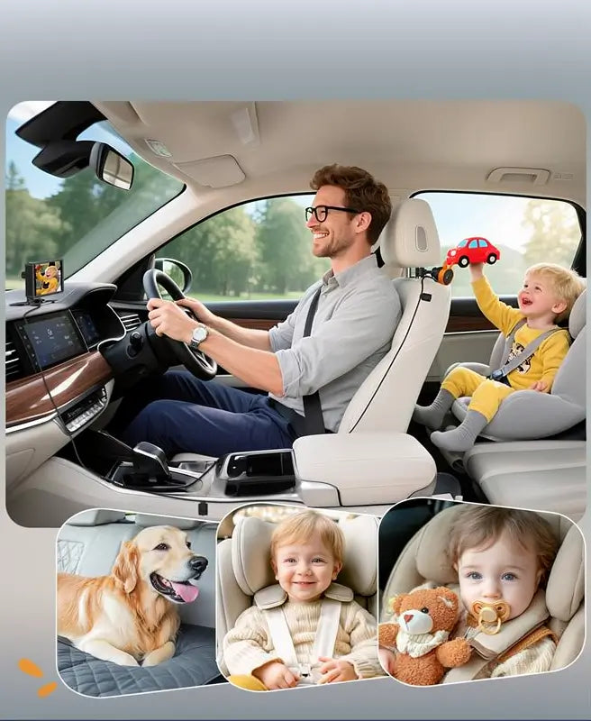 Monitor de Bebé para Auto con Cámara Dual de 18 cm, Pantalla Dividida 1080P HD, Visión Nocturna IR, Doble Cámara para 2 Bebés, Fácil Instalación, Ideal para Viajes Familiares y Mascotas