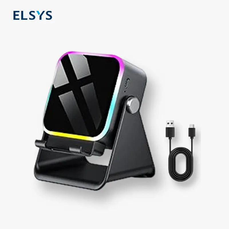 Soporte con Bocina de Inducción Inalámbrica 5 en 1, Base para Celular y Tablet, Power Bank de 3500mAh, Ajuste de 360° con Luz Ambiental LED de Colores