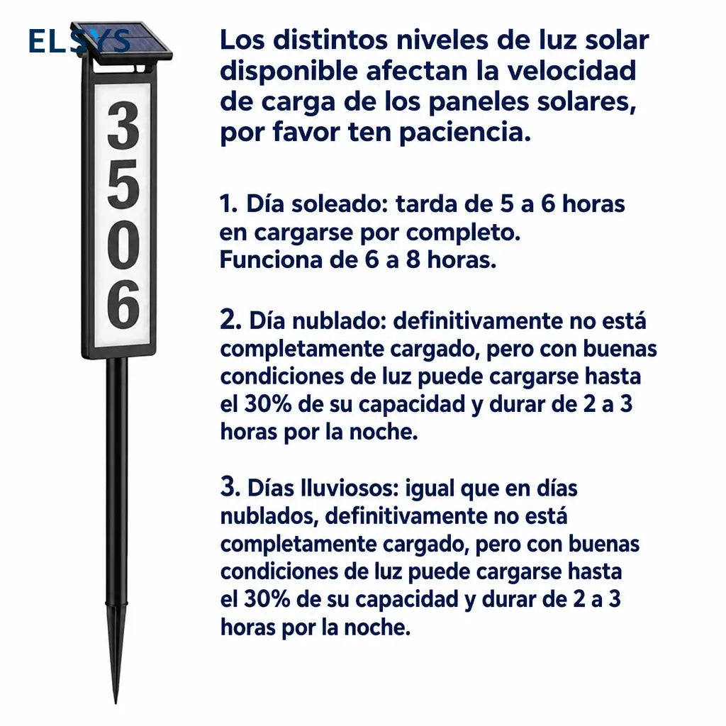 Letrero solar LED para número de casa con estaca, luz blanca o cálida y placa personalizable para entrada, jardín o patio