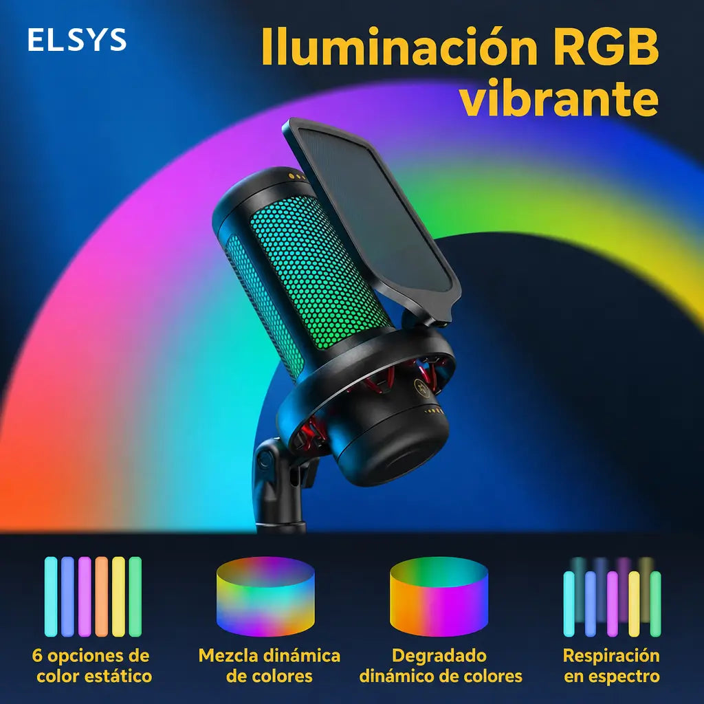 Micrófono USB de condensador TC310 con iluminación RGB ajustable, conexión USB-A y Type-C para gaming, streaming y podcast en PC Mac