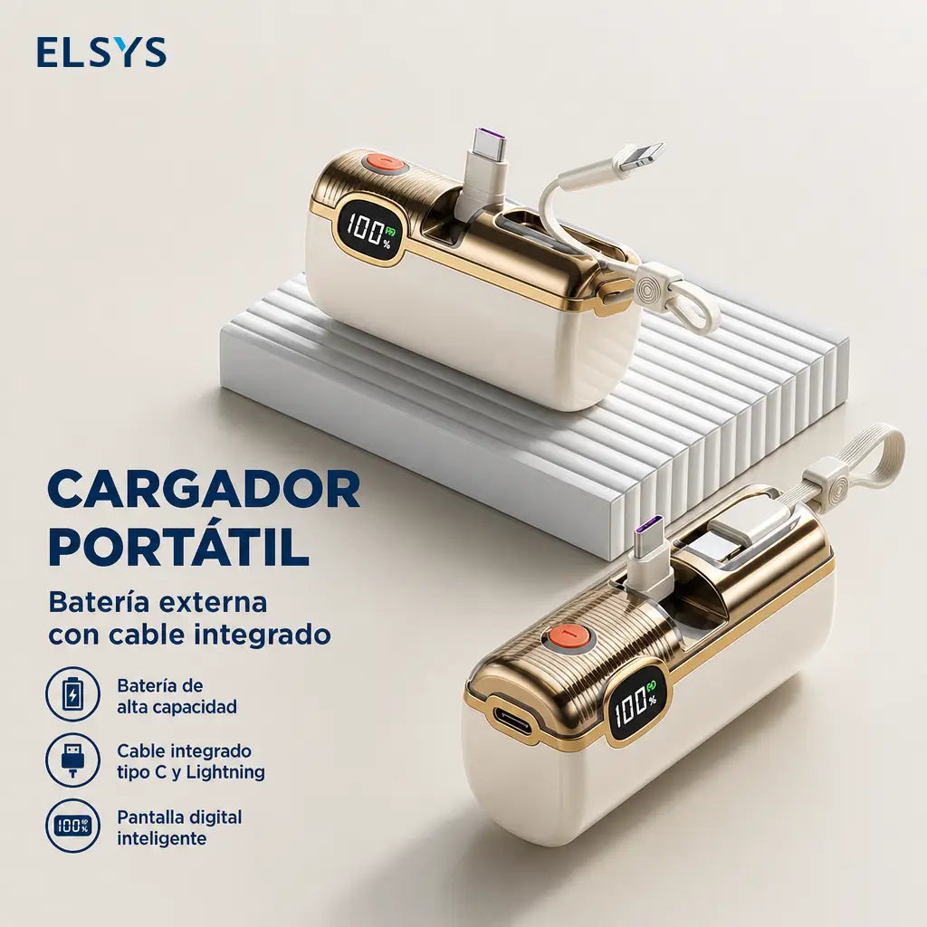 Power bank mini 5000mAh con carga rápida 22.5W, cable integrado y display digital para celular, viajes y emergencias sin cargar peso extra