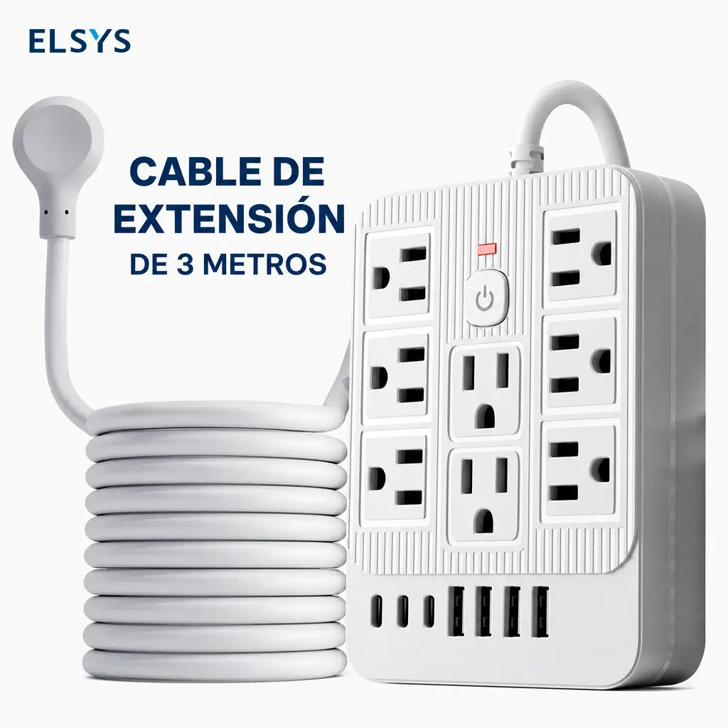 Multicontacto 15 en 1 con 8 tomas, USB-C y protección contra sobretensión para cargar varios equipos en oficina, casa y viajes