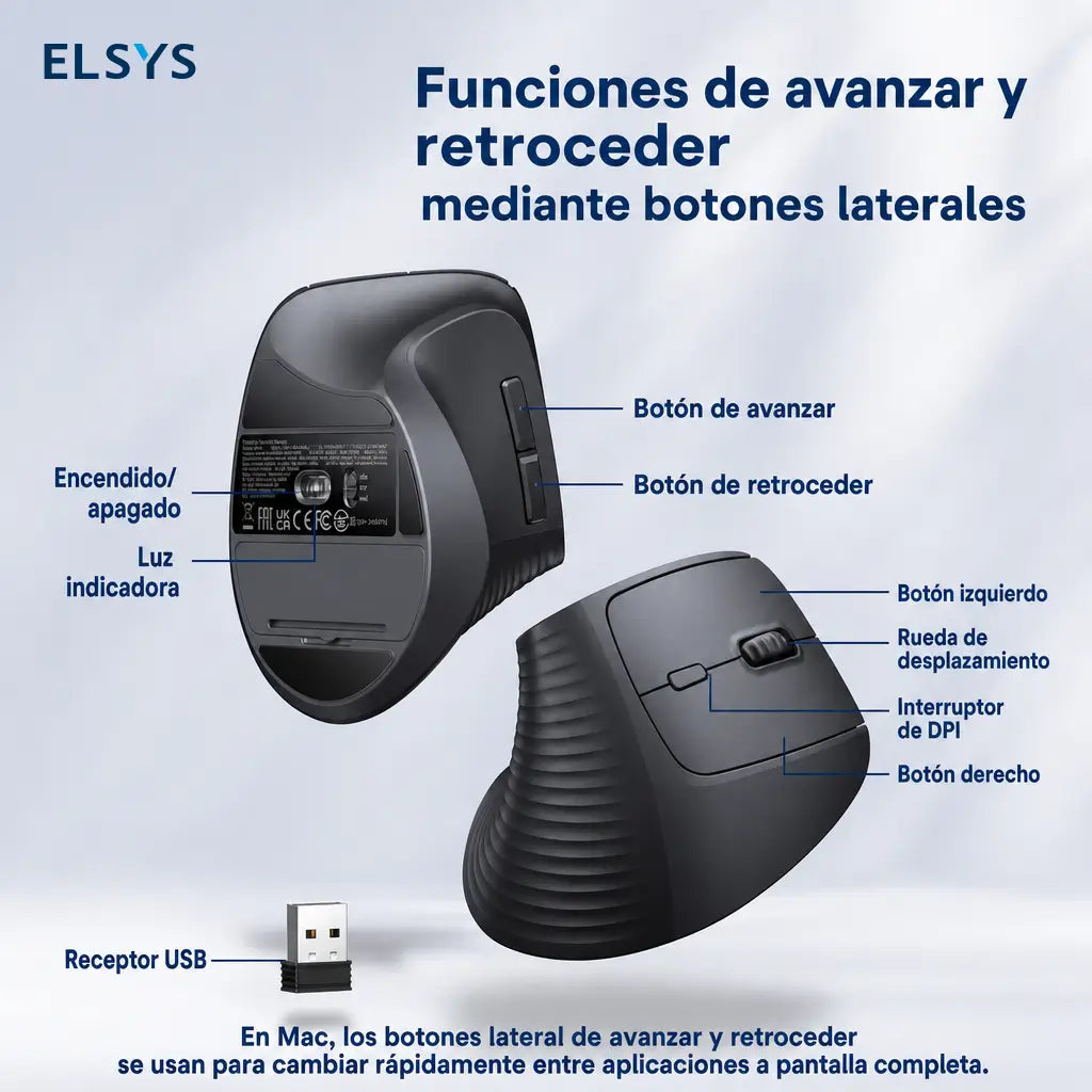 Mouse vertical ergonómico inalámbrico 2.4G con 5 botones, 4000 DPI ajustable y clic silencioso para oficina, laptop y computadora diaria