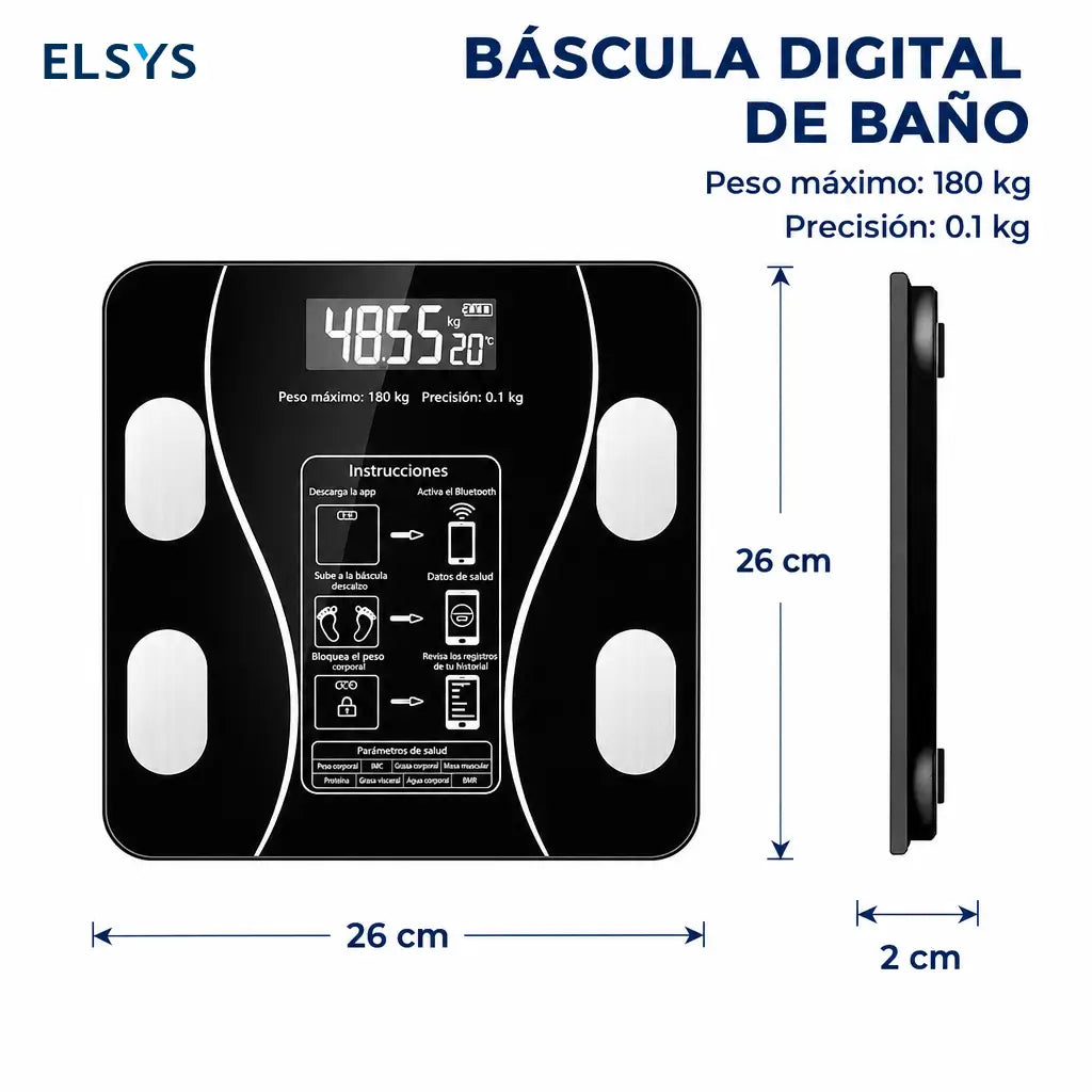 Báscula digital Bluetooth para baño con medición de peso, grasa corporal e IMC, ideal para seguimiento diario personal fácil
