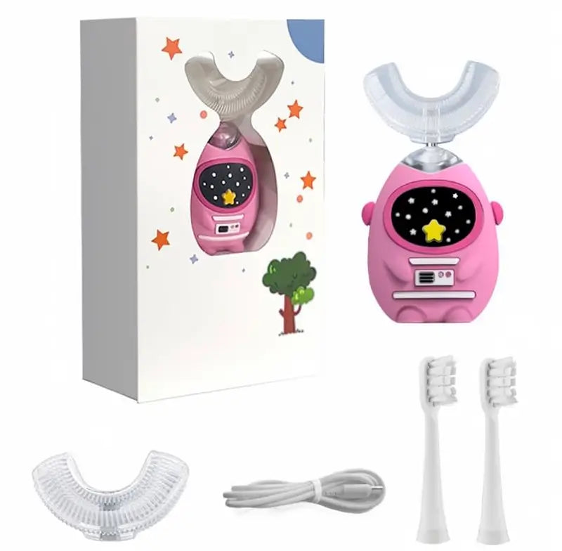 Cepillo de Dientes Eléctrico para Niños en Forma de U, Sónico y Recargable con 2 Cabezales en U y 2 Cabezales Normales, 3 Modos de Limpieza (2-12 Años)