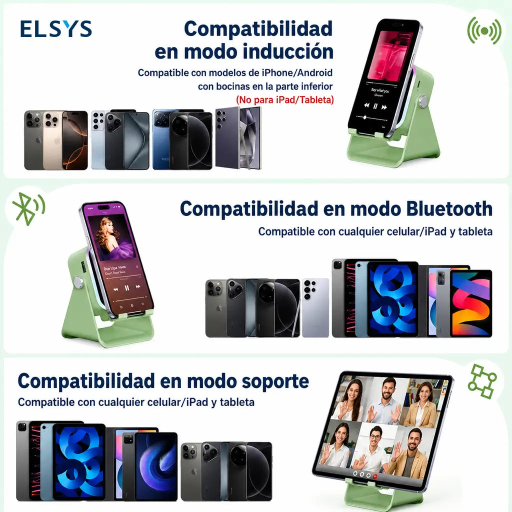 Bocina inalámbrica 5 en 1 con soporte ajustable 360°, luz RGB y power bank de 3500 mAh para celular y tablet en casa