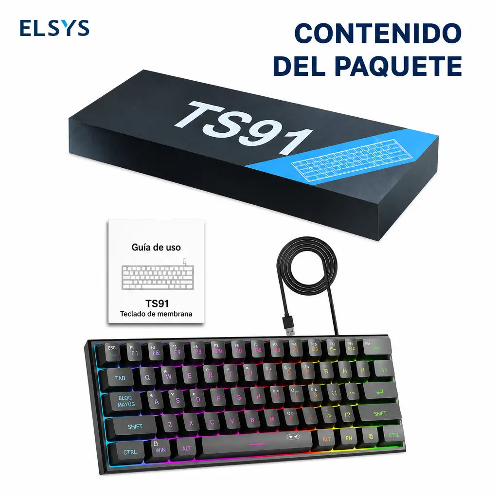 Teclado gamer 60% compacto TS91 con iluminación RGB y 61 teclas de membrana para jugar o trabajar en PC, Mac, PS4 y Xbox One