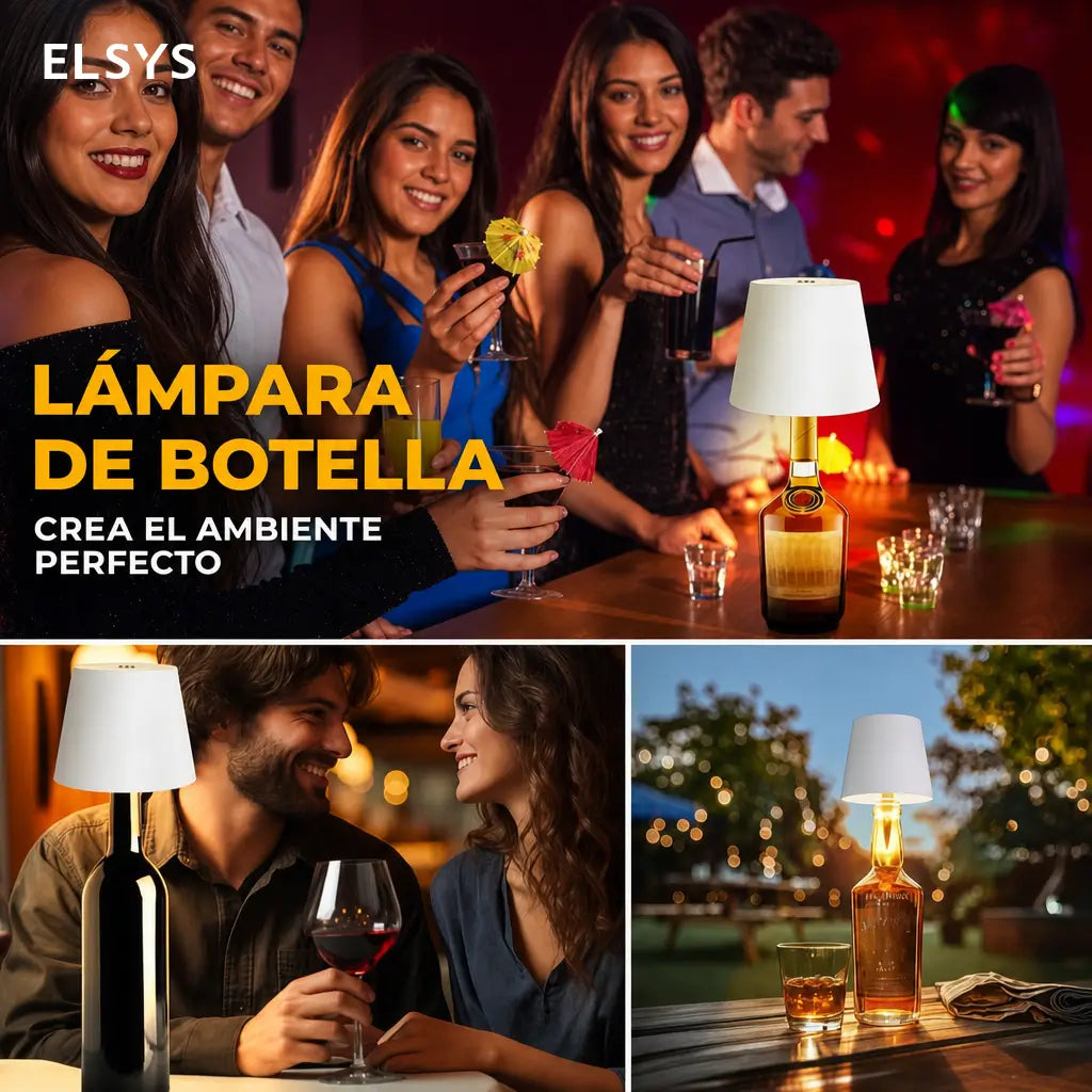 Lámpara LED inalámbrica para botella con control táctil, luz RGB regulable y carga USB-C para bar, recámara o camping