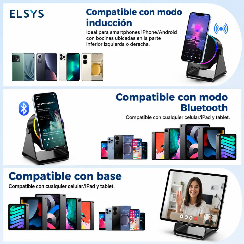 Bocina Bluetooth 5.3 con soporte para celular, giro 360°, luz RGB y audio por inducción para casa, oficina, viajes y tablet