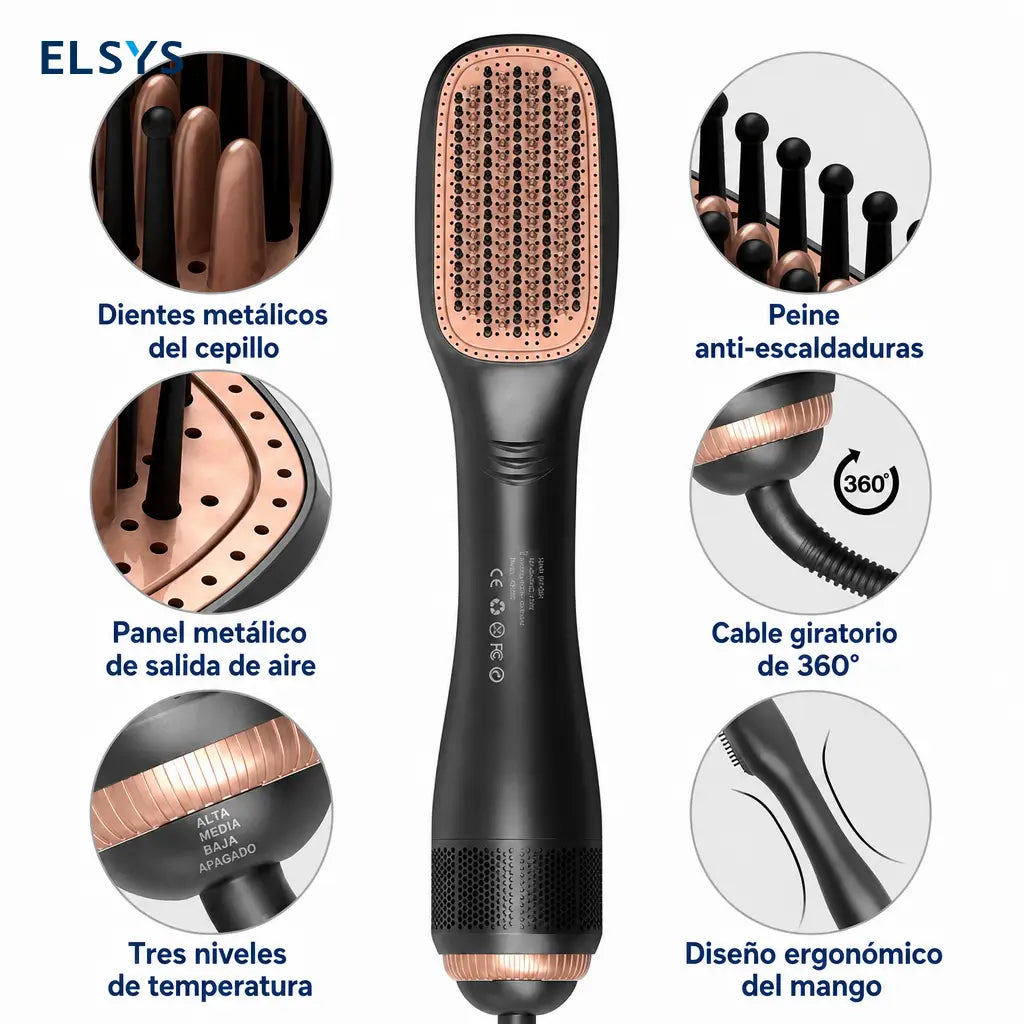 Cepillo secador y alisador 3 en 1 de 1200 W con ajustes de calor para cabello lacio y suave en casa sin complicarte