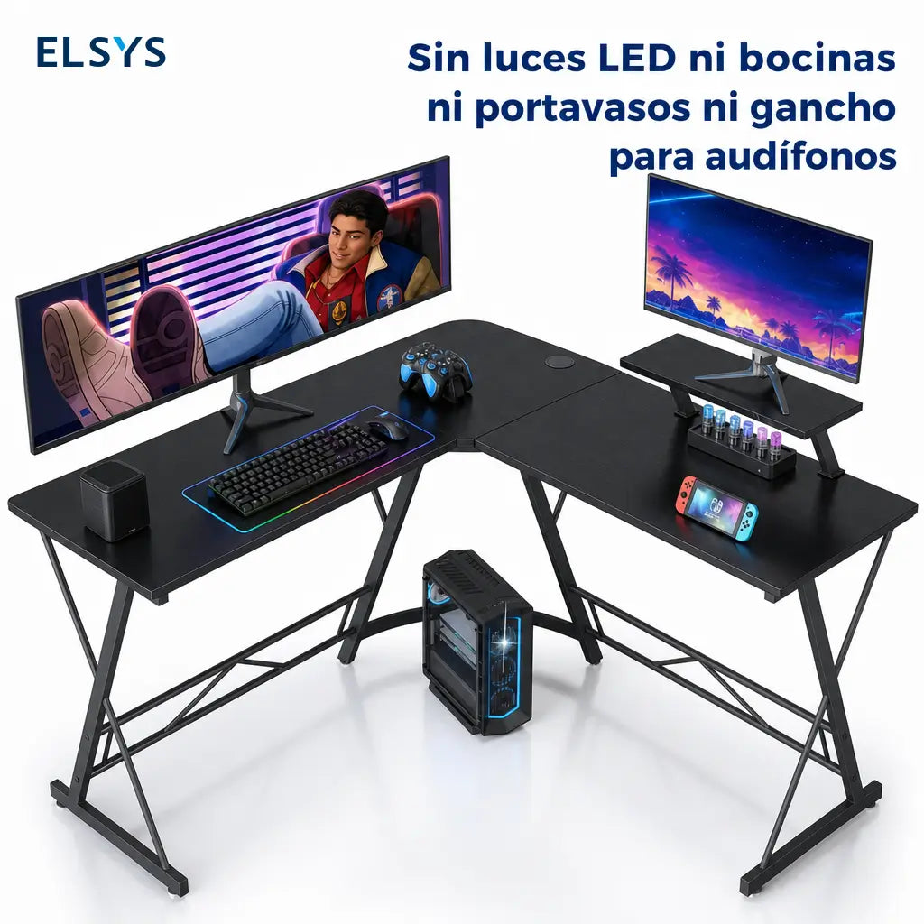 Escritorio gamer en L de 129 cm con soporte para monitor y luces RGB para home office y setup de juego negro estable