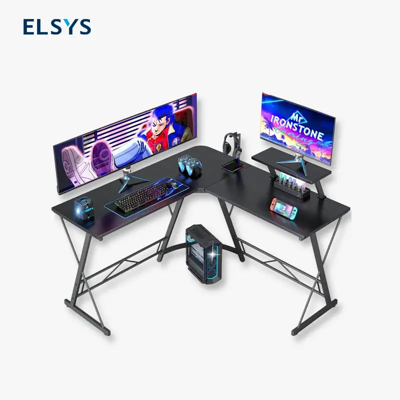 Escritorio Gamer en L con Luces LED, Escritorio de Esquina para Computadora con Portavasos y Gancho para Audífonos, Estación de Trabajo para Oficina en Casa con Soporte para Monitor Grande, Fácil de Armar (Negro, 130 cm)