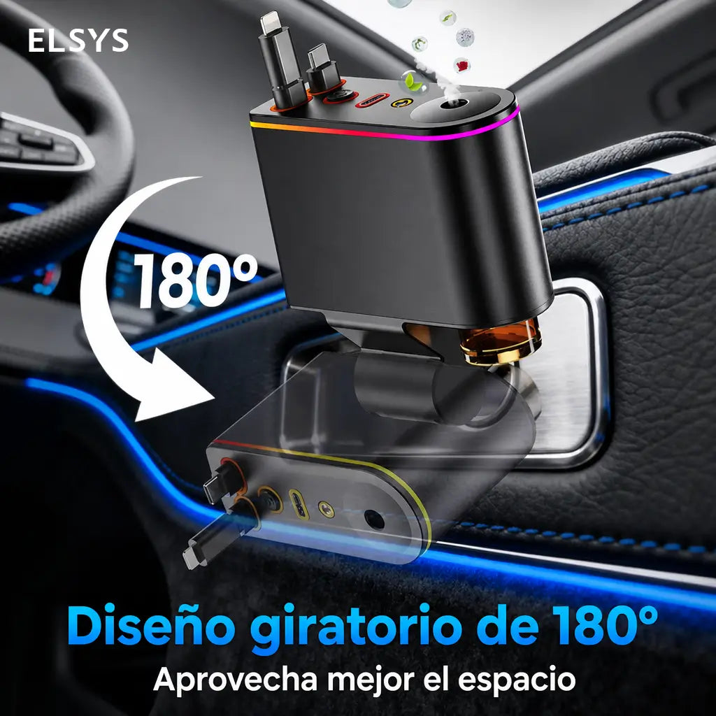 Cargador retráctil para auto 66W con USB-C y Lightning, difusor aromático y luz estrellada para cargar tu celular sin enredos diarios