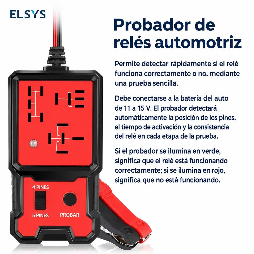 Probador automotriz de relevadores 12V con indicador LED rojo y verde para diagnóstico rápido en autos, talleres y revisión de 4 y 5 pines