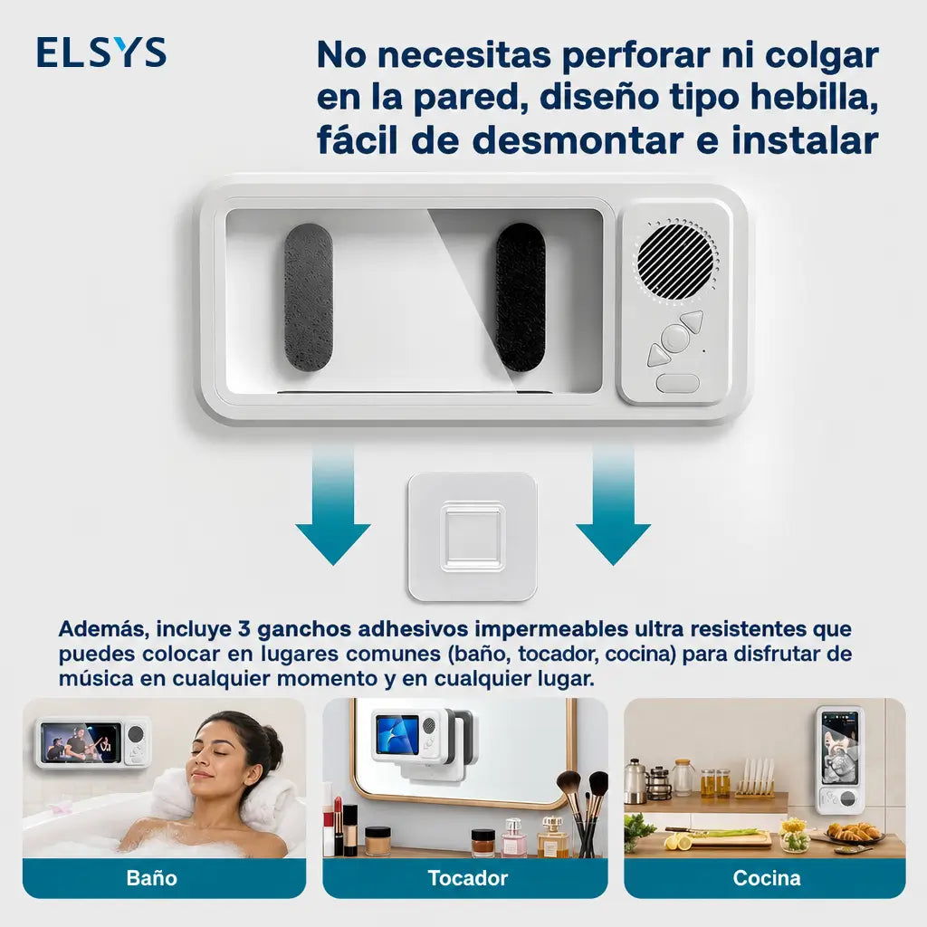 Soporte impermeable para celular con bocina Bluetooth y rotación 360° para ver videos en regadera o cocina sin usar las manos