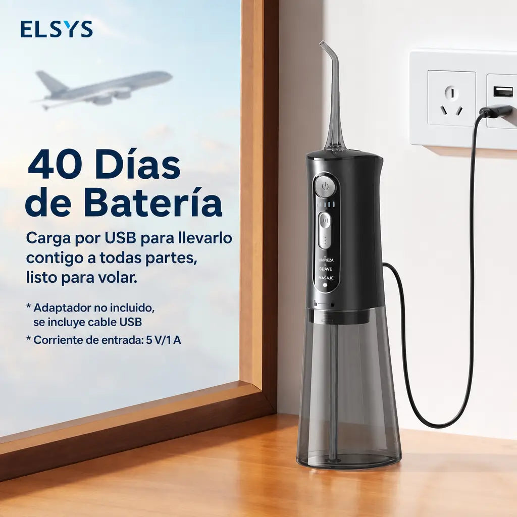 Irrigador dental recargable IPX7 con puntas 360°, batería de 40 días y depósito amplio para higiene oral completa diaria en casa y viaje