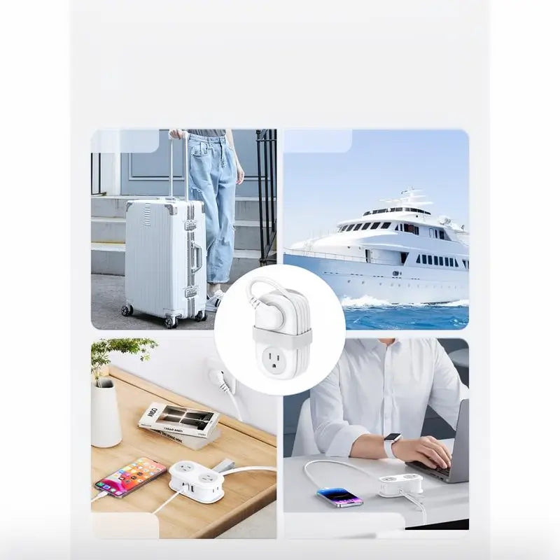 Multicontacto de Viaje con 4 Tomas y 3 Puertos USB (1 USB-C), Extensión Corta de 1.2m, Compacto para Hotel y Aprobado para Cruceros