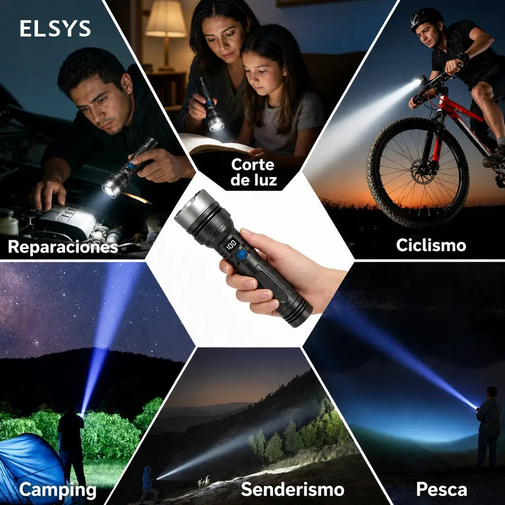 Linterna LED recargable 2 en 1 de 2200 lúmenes con power bank para camping y emergencias