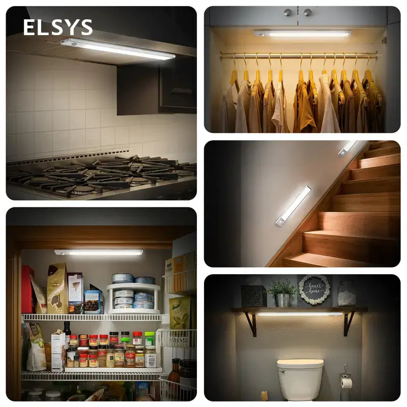 Luces LED magnéticas bajo gabinete con sensor de movimiento, brillo regulable y batería recargable para cocina, clóset, alacena y hogar moderno