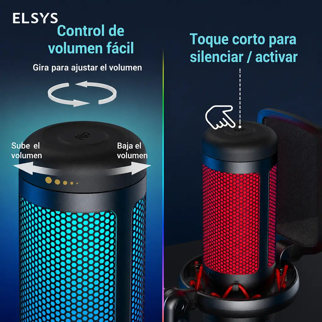 Micrófono USB de condensador TC310 con iluminación RGB ajustable, conexión USB-A y Type-C para gaming, streaming y podcast en PC Mac