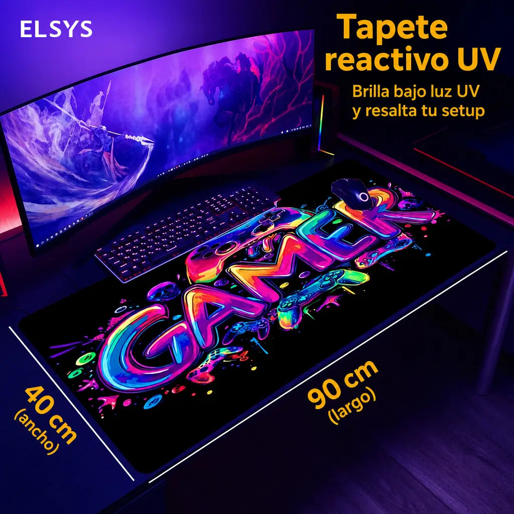 Mousepad gamer de goma antiderrapante con gráficos UV reactivos, formato grande para teclado, mouse y escritorio de juego en casa u oficina