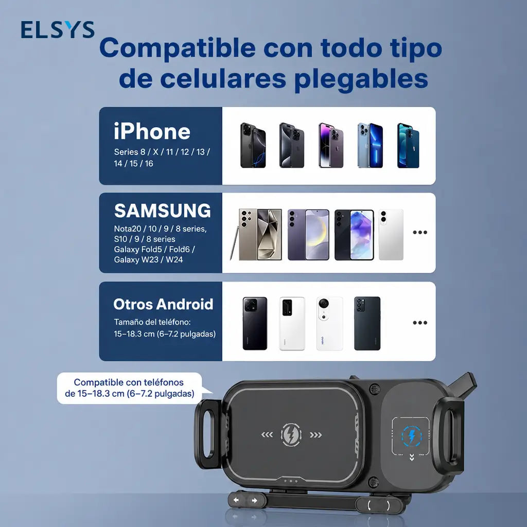 Soporte cargador inalámbrico 15W para auto con sujeción automática y rotación 90°, ideal para celulares plegables y grandes