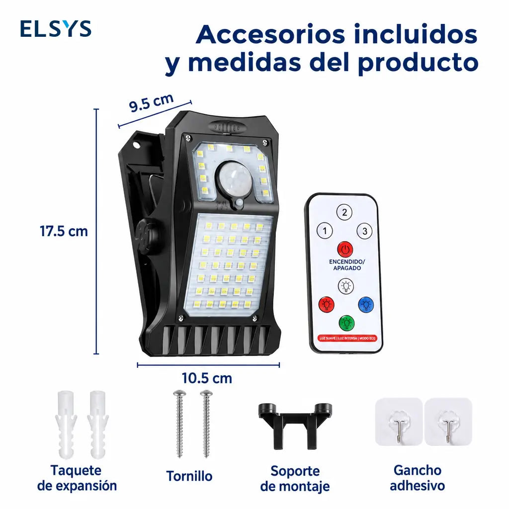 Lámpara solar exterior con sensor de movimiento, 600 lm, carga USB-C y clip ajustable para patio, jardín, reja o cochera en casa