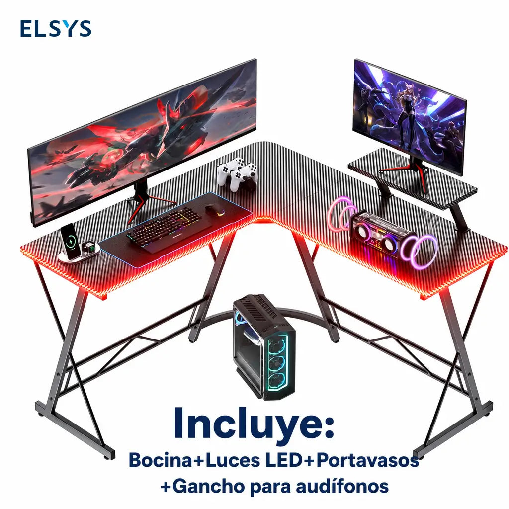 Escritorio gamer en L de 129 cm con soporte para monitor y luces RGB para home office y setup de juego negro estable
