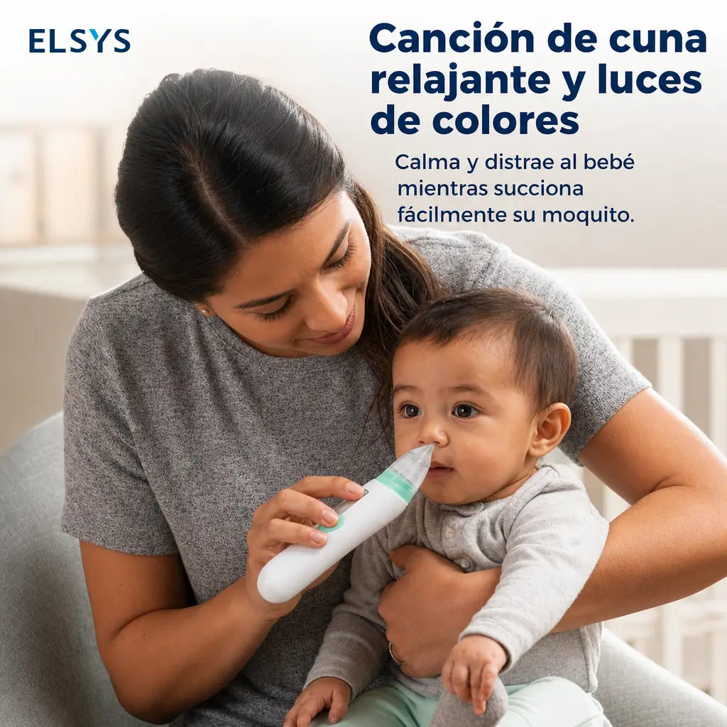 Aspirador nasal eléctrico recargable para bebé con 3 niveles de succión, puntas de silicón y música calmante para aliviar congestión en casa y viajes