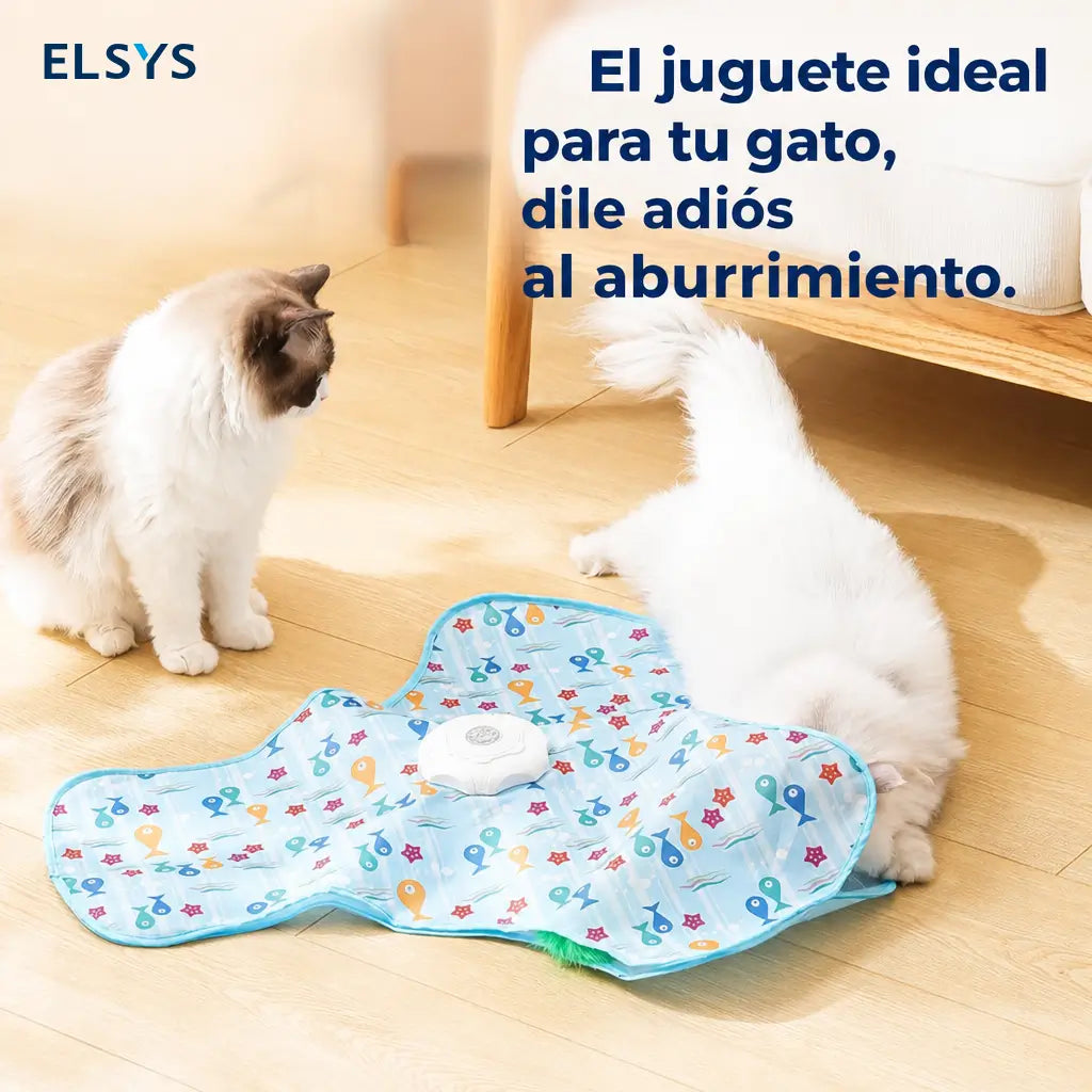 Tapete eléctrico interactivo para gatos con movimiento irregular 360°, batería recargable, 3 velocidades y varita teaser para juego de caza interior