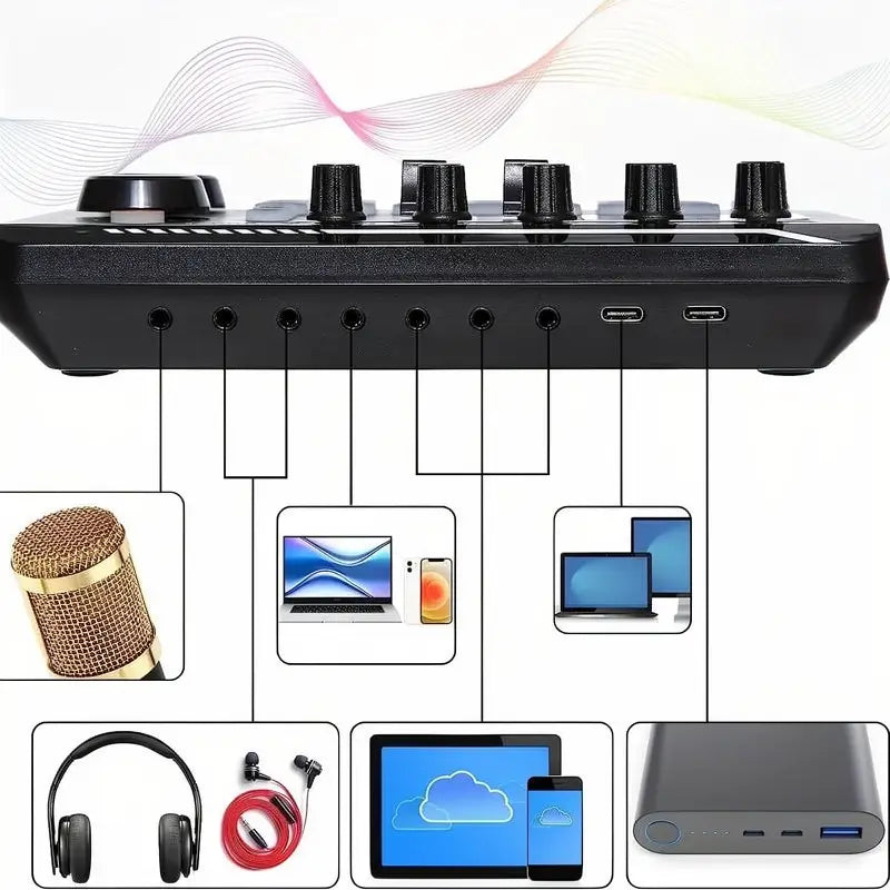 Mezcladora de Audio Tarjeta de Sonido en Vivo F998, Interfaz de Audio para Podcast con Efectos DJ, Cambiador de Voz con Efectos de Sonido para Karaoke, Streaming y Grabación, Kit de Tarjeta de Sonido Digital Portátil para PC Gamer