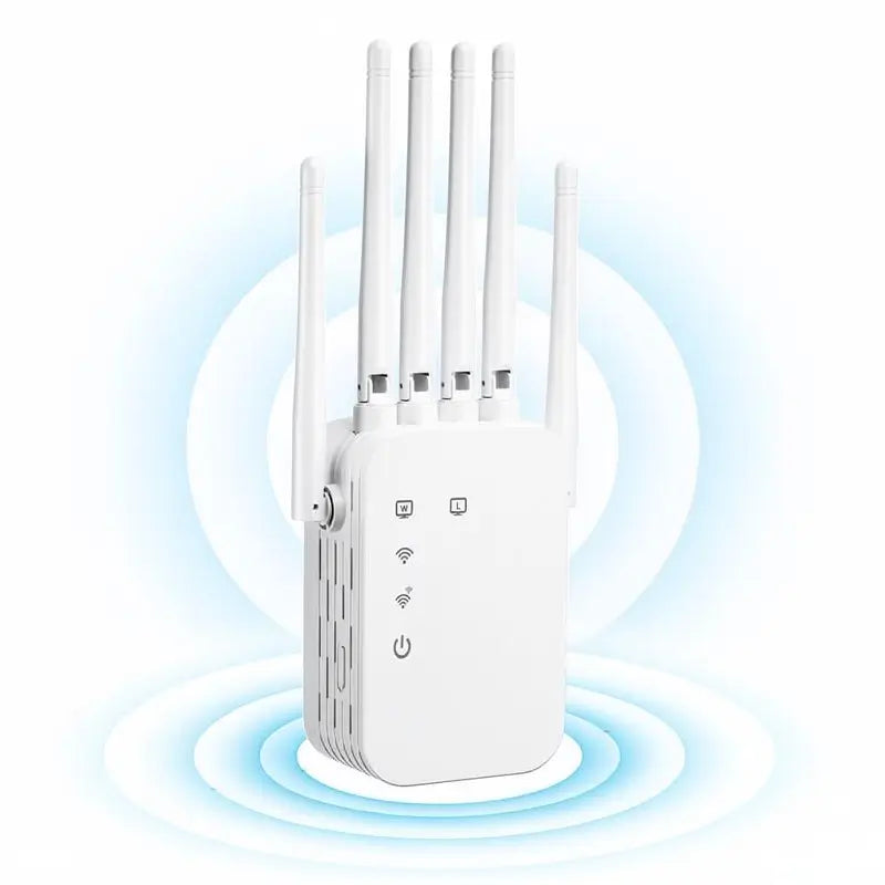 Extensor de WiFi 2025 de 6 Antenas, Amplificador de Señal Potente Doble Banda 1200Mbps, Cobertura hasta 1,100 m² y 100 Dispositivos, Repetidor con Puerto Gigabit y Conectividad IA, Ideal para Home Office y Streaming