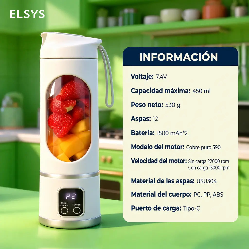 Licuadora portátil recargable USB con pantalla digital y diseño antifugas para smoothies, jugos y papillas en viajes y gimnasio