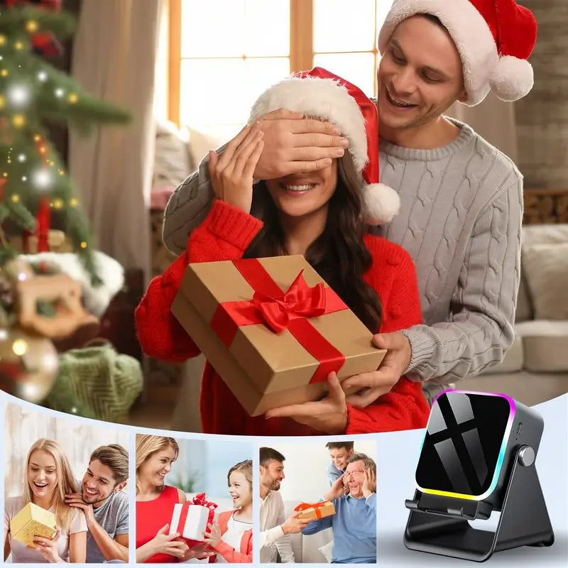 Soporte con Bocina de Inducción Inalámbrica 5 en 1, Base para Celular y Tablet, Power Bank de 3500mAh, Ajuste de 360° con Luz Ambiental LED de Colores