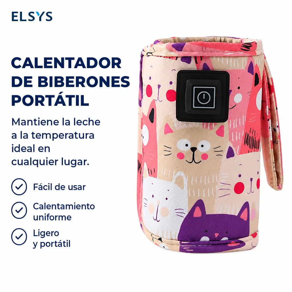 Calentador portátil USB para biberón con 3 temperaturas y funda térmica con gatitos para casa, viajes y salidas con bebé diarias