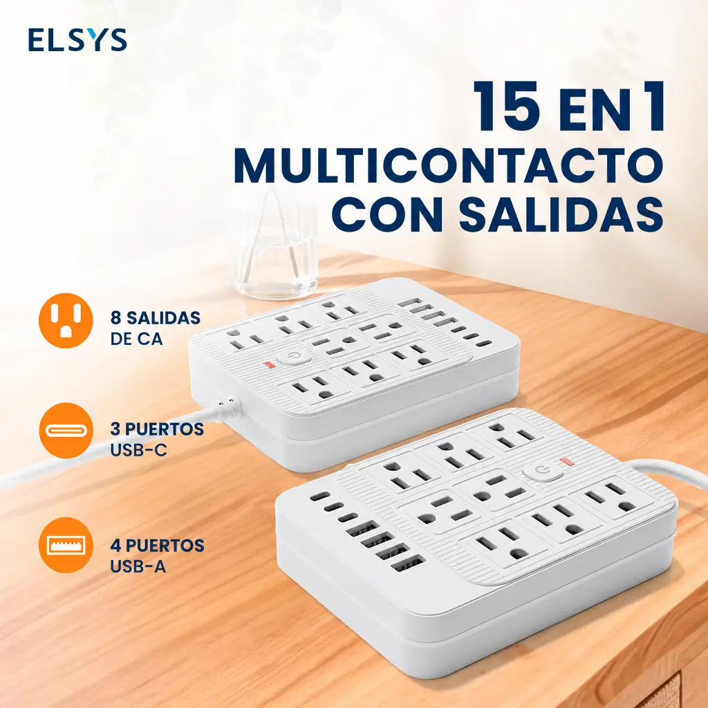 Multicontacto 15 en 1 con 8 tomas, USB-C y protección contra sobretensión para cargar varios equipos en oficina, casa y viajes