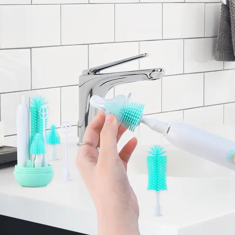 Cepillo Eléctrico para Limpiar Biberones y Mamilas, Kit de Limpieza 360° de Silicón con Cepillo para Tetinas y Popotes, Impermeable, Set de 6 Piezas para Recién Nacidos