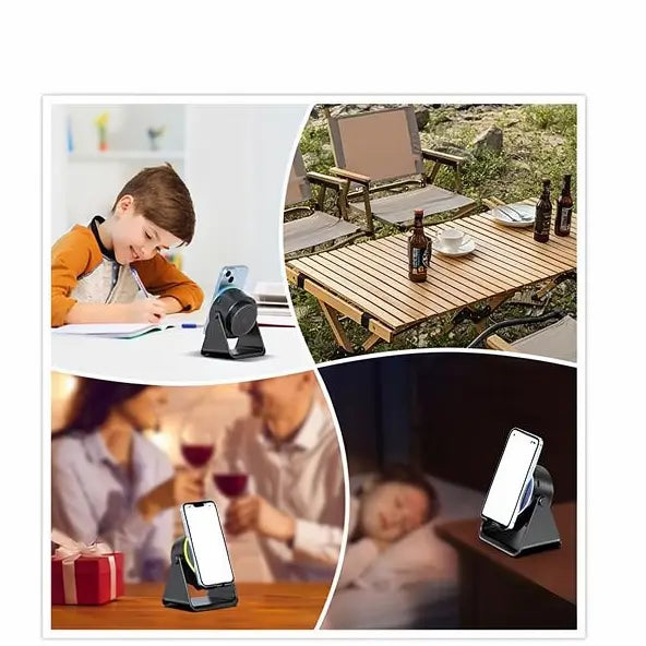 Bocina Bluetooth 5 en 1 con Audio por Inducción Inalámbrica, Soporte Giratorio de 360° con LED, Base Universal para Sonido Surround y Cargador, Soporte Portátil de Escritorio para Hogar, Regadera, Exterior y Viajes